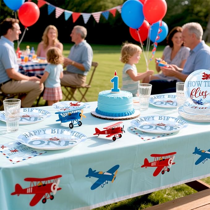 96Pcs Airplane 1st Birthday Decorations for Boys Red & Blue Airplane First Birthday Plates and Napkins Sets How Time Flies Party Decorations for Girls Baby Shower One Years Old Supplies Serve 24