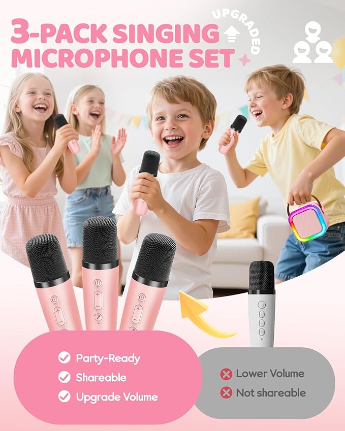 Mini Karaoke Machine for Kids, 2026 TOP Toys Birthday Gifts Ideas for Girls Ages 4, 5, 6, 7, 8, 9, 10, 12+ Years Old, Portable MP3 Player with 3 Wireless Mics for Family Home Party