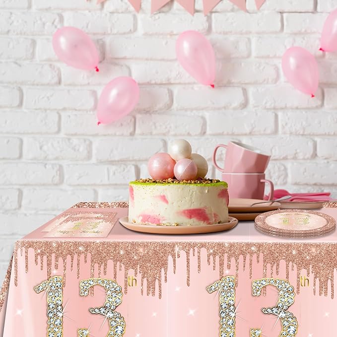 41PCS 13th Birthday Decorations Rose Gold Theme 13 Year Old Girl Birthday Decorations Including Happy Birthday Plates Napkins Tablecloth for Official Teenager 13th Birthday Party