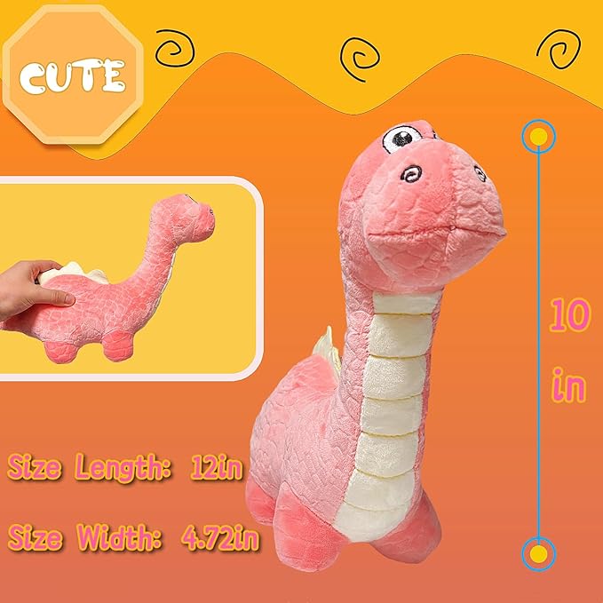 Cute Dinosaur Stuffed Animals Plush Toy for Kids, 12'' Kawaii Brachiosaurus Dino Plush Toys, Pink Dinosaur Stuffed Animal for Soft Dino Toddler Pillow, Birthday Gift, Easter Basket Stuffers