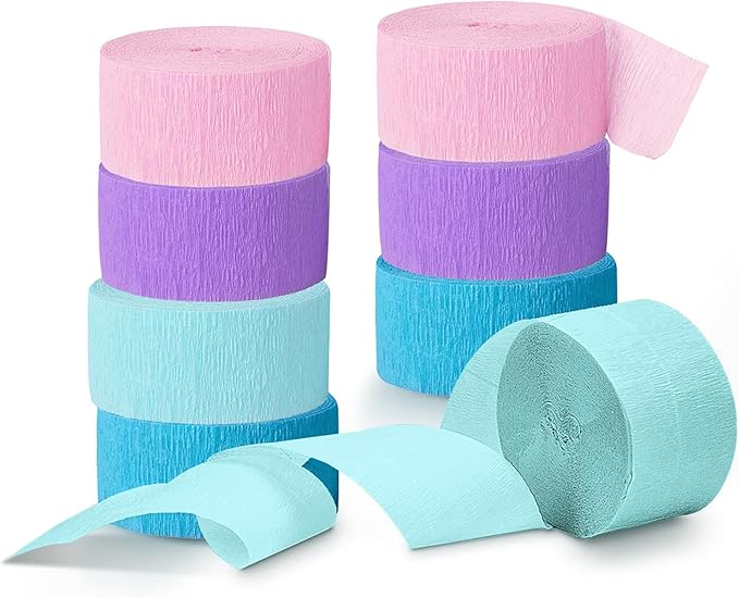 NICROLANDEE 8 Rolls Purple Pink Blue Crepe Paper Streamers 656ft for Girls Birthday, Baby Shower, Mermaid Theme Party Decorations, Princess Birthday Ocean Theme Party Decor for Girls