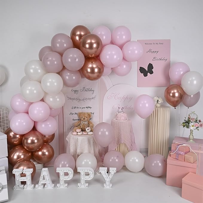 Dusty Pink Beige Balloon, 55 Packs 12 Inch Double Stuffed Retro Baby Pink and Metallic Rose Gold Balloons for Bridal Baby Shower Women Girls Birthday Wedding Party Decorations