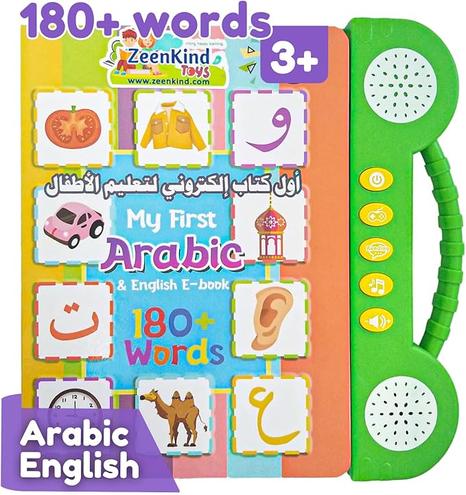 ZEENKIND English Arabic Learning Talking Books for Kids 2 3 4 5 6 Years Old, 180 Words Learn Arabic Interactive Audio Sound Book for Kid Toddler, Educational Electronic Bilingual Toys with Music