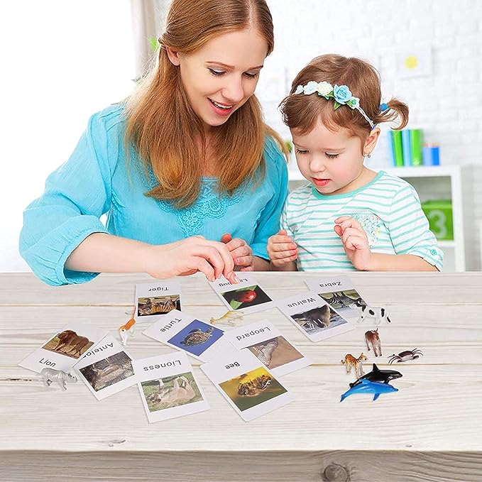 Montessori Animal Figures with Flash Cards, Realistic Animal Figurines Toys, Montessori Language Materials Preschool Learning Toy