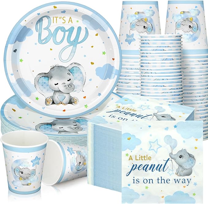 200 Pcs Blue Elephant Baby Shower Paper Plates Napkins Cups Its a Boy Baby Shower Party Supplies Tableware Set Elephant Disposable Cup Napkin for 50 Guest Girls Spring Party Decoration