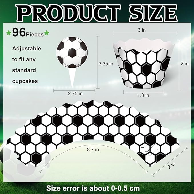 Nuenen 96 Pcs Soccer Cupcake Toppers and Wrappers Soccer Ball Birthday Party Cupcake Decorations Football Themed Cake Picks for Sports Theme Birthday Gathering Party Decoration Supplies (Game Day)