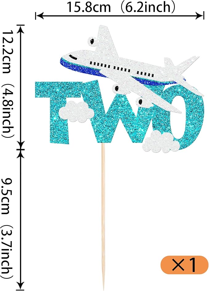 1 Pack Two Airplane Cake Topper Glitter Airplane Sign Oh How Time Files Cake Pick Second Birthday Cake Decorations for Plane Theme 2nd Year Old baby shower Birthday Party Supplies Blue White