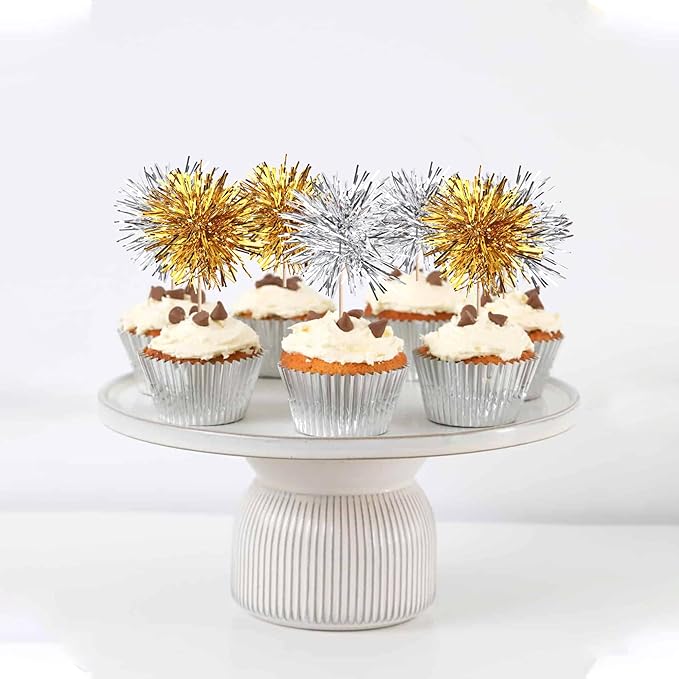 40 PCS Foil Firework Cupcake Toppers Sparkle Tinsel Cupcakae Picks Foil Firework Party Decorations Cocktail Fruit Toothpick for Fireworks Theme Birthday Wedding Graduation Party Decoration Gold Silver