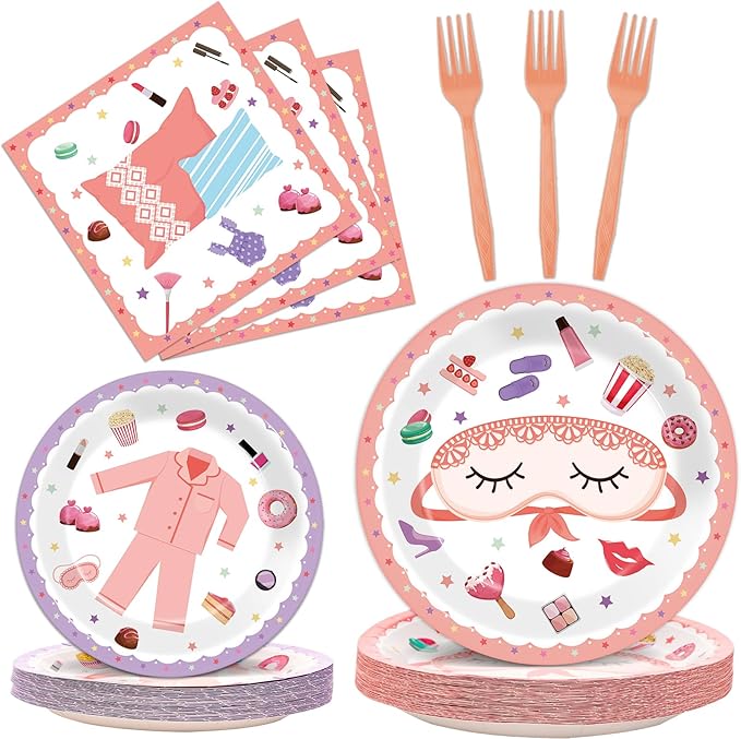 Pajama Party Plates Napkins Sleepover Tableware Set - Spa Party Dinnerware Slumber Cutlery for Girls - Disposable Decoration for 24 Guests