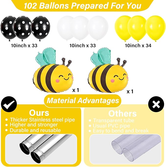 2 Sets Bee Birthday Party Balloon Column Stand Kit With 102 Bumble Bee Foil 5.57Ft Adjustable Balloon Tower Stand With Base Honey Bees Arch Column for Gender Reveal Birthday Baby Shower Party Supplies