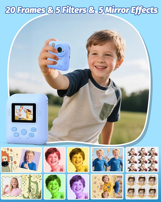 Kids Camera Instant Print Photo, Portable Thermal Printing Camera Toy with HD Digital Video, for 3-12 Years Old Boys Girls, Creativity & Learning (Blue)