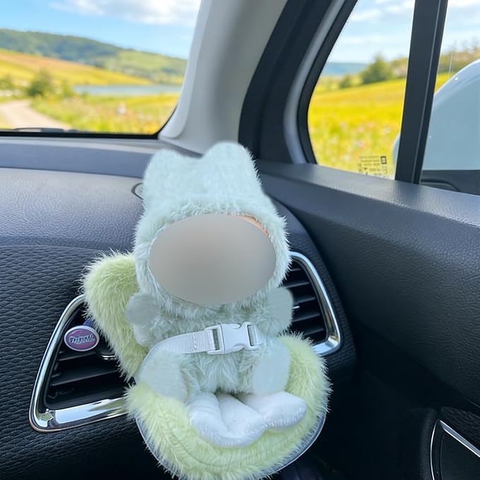 Doll Car Seat for 3–8 inch Figures, Fits Character Plushes, Blind Box Dolls & Vinyl Collectibles, Includes Air Vent Clip & Desktop Stand, Cute Car Ornament for Collectors (Green)