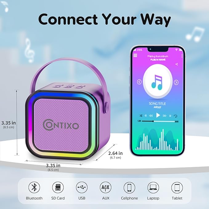 Contixo KS1A Kids Mini Karaoke Machine with LED Lights, 7–10H Playback, Dual Wireless Mics, Magic Voice Effects, Bluetooth Speaker for Children, Portable Singing Toy Gift for Boys & Girls, Purple