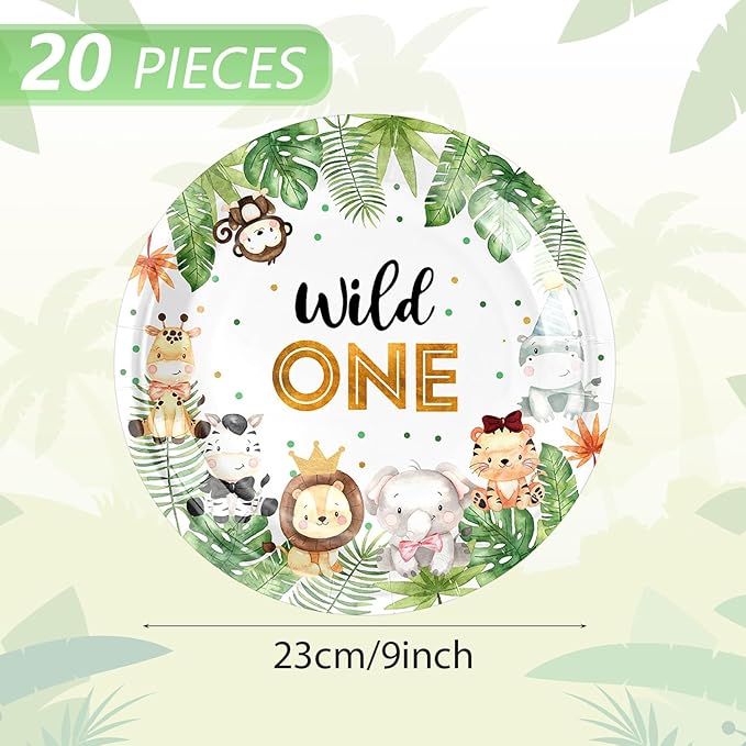 20Pcs Wild One Plates Safari Jungle Baby Shower Theme Paperplates Wild One Birthday Decorations Plate Set Disposable Dessert Plates, for Baby Shower, Boys First 1st Birthday Party Decor Supplies