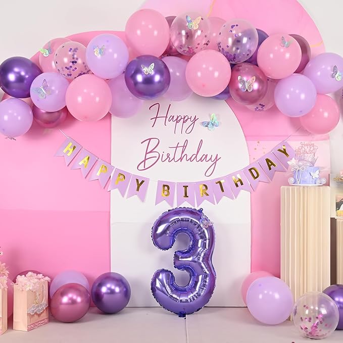3rd Birthday Decoration for Girls,Pink Purple 3rd Birthday Balloon Number 3 Balloon with Butterfly Stickers Star Heart Foil Balloons Banner Princess Party Decoration for 3 Year Old Party