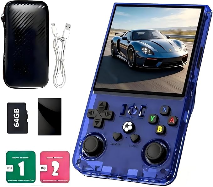 R36max Handheld Retro Game Console 4.0 Inch HD Screen ,Portable，18000+ Game Support, 26+ Emulator Support, 64GB, 4000mAh Li-ion Battery Transparent Blue