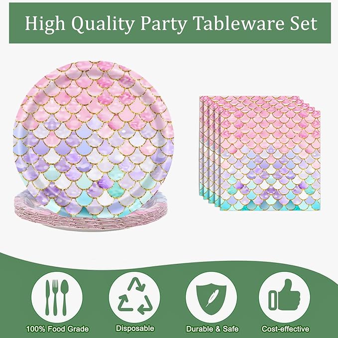40 Pcs Mermaid Birthday Party Decorations Plates Set for 20 Guests,Little Mermaid Party Supplies Ocean under the Sea Party Tableware Plate and Napkins for Princess Girls Baby Shower