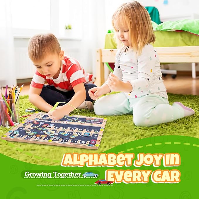 Magnetic Alphabet Maze Letter Puzzle Board, NOWRICH Montessori Toys for 2 3 4 5 Year Old Boy Gift, Magnet Alphabet Learning Car Parking Maze Toys for Kids 3-5, Birthday Gifts for Toddler