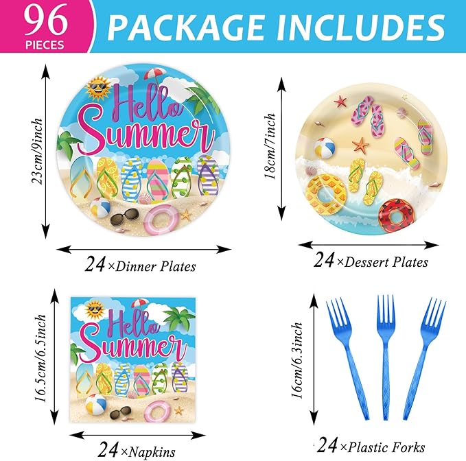 CHUNNIN 96Pcs Hello Summer Plates and Napkins Beach Party Decorations Hawaiian Tropical Disposable Paper Dessert Plates Tableware Set for 24 Guests Kids Summery Ocean Pool Birthday Party Supplies