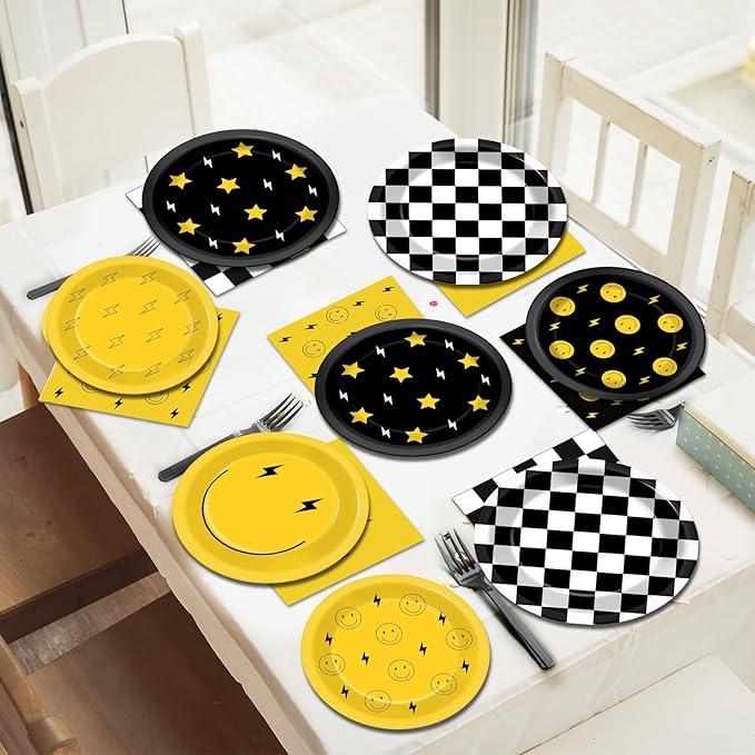 96Pcs Smile Face Birthday Party Decorations One Happy Dude Yellow Smile Face Paper Plates Napkins Lightning Star Checkered Tableware Dinnerware Supplies for Birthday Baby Shower Wedding Party Favors