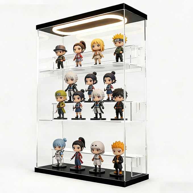 DuvinDD Acrylic Display Case for Collectibles with LED Light Top, 3-Shelves Clear Figure Display Case with Door, Dustproof Hot Wheels Display Case Storage Box Black(12.4x4.5x16.7inch)