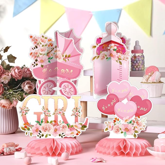 Pickmesh 12 Pcs Pink Baby Shower Decorations Honeycomb Centerpieces for Girls Floral It's a Girl Gender Reveal Table Centerpiece Party Supplies Baby Girl Pregnancy Announcement Table Topper
