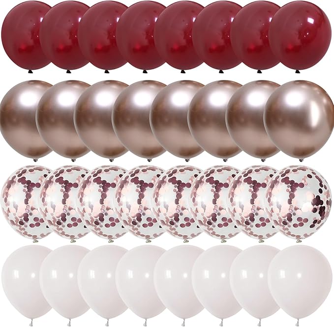 Burgundy Red Balloons, 35PCS Maroon and White Latex Balloons, Wine Red and Rose Gold Confetti Balloon for Birthday Wedding Anniversary Engagements New Year Valentines Day Party Decorations Supplies