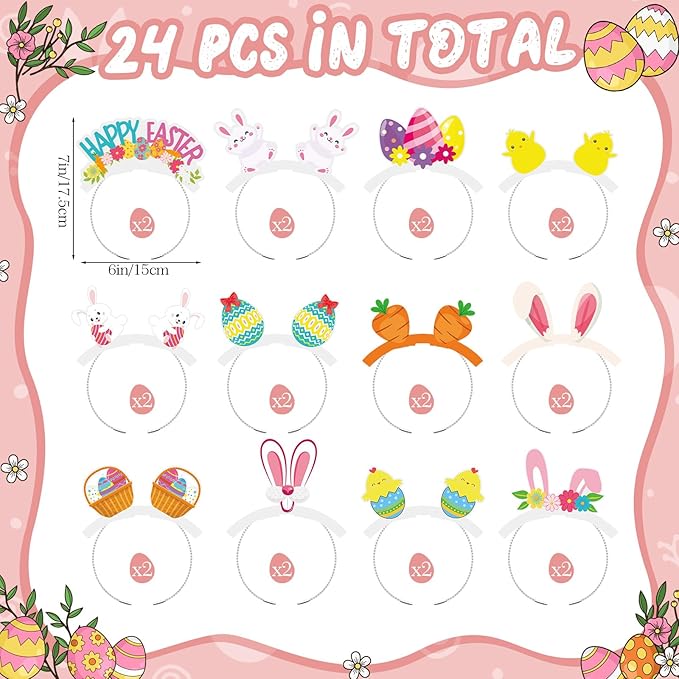 24 Pcs Easter Paper Headbands Colorful Eggs Bunny Headwear Rabbit Chick Head Boppers for Spring Easter Costume Party Favors Supplies Decoration Basket Stuffers Photo Booth Props