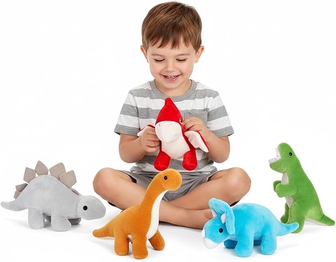 PASSIONFRUIT Stuffed Toy Dinosaur Animal Set – Set of 5 Dino Stuff Toy for Toddlers – with Volcano Zipper Carry Bag – Bright & Vibrant Plush Toy Set – Stuffed Dinosaur Toy for Kids –Easy to Carry