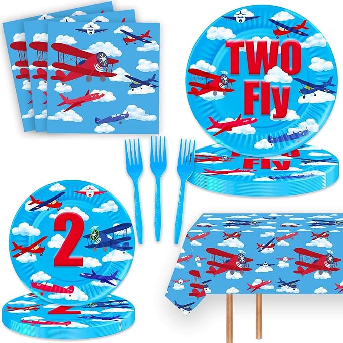 Airplane 2nd Birthday Party Plates Two Fly Disposable Paper Dinner Plates Dinnerware for Aviation Theme Boys Two Years Old Birthday Party Supplies Decorations