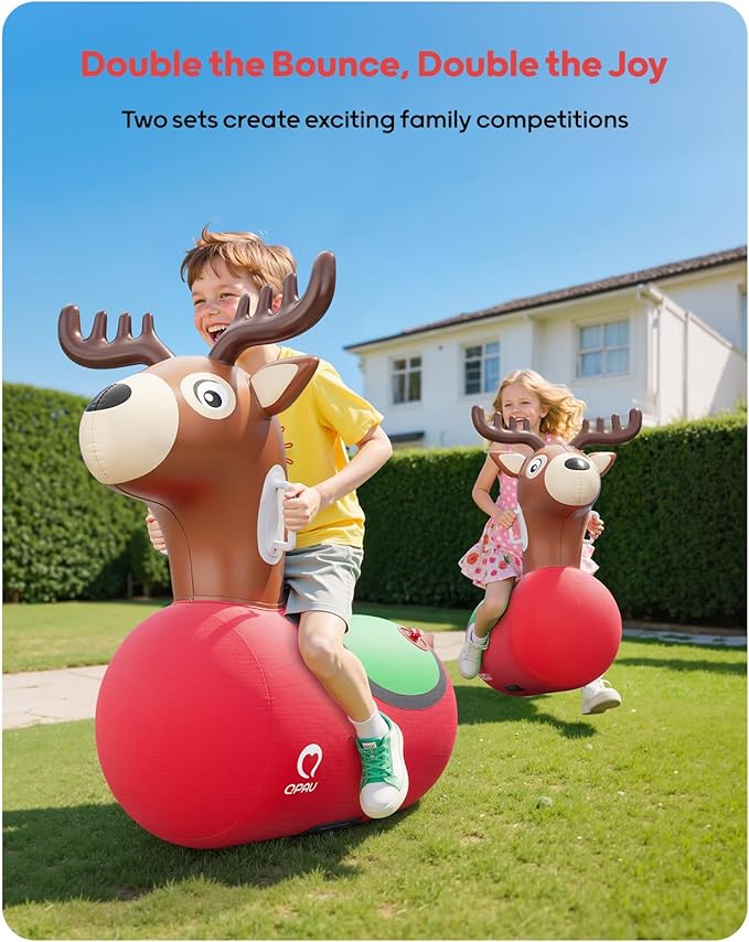 QPAU Large Inflatable Reindeer Hopper Bouncy Toy, 250lbs High Capacity Ride-on Animal for Kids & Adults, Soft Fabric Cover & Pump, Durable Puncture-Resistant Bouncer for Family Party Gift