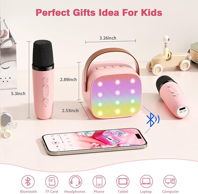 Mini Karaoke Machine with 2 Wireless Microphones, 2026 TOP Kids Portable Bluetooth Karaoke Machine for 3, 4, 5, 6, 7, 8, 9,10,11,12+Year Old, Christmas Birthday Gifts for Girls Boys Adults Home Party