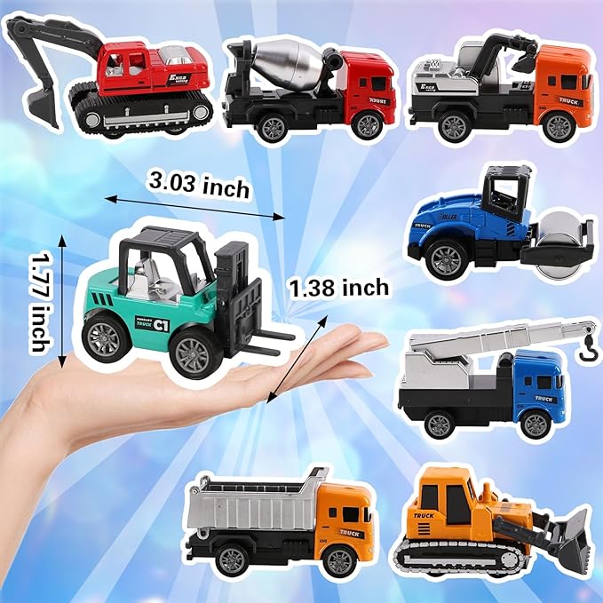 8-in-1 Mini Die Cast Alloy Construction Vehicle Set, Pull Back Toy Cars for 3 4 5 Year Old Boys Girls, Outdoor Boys Girls Toys, Ideal Gift for Birthday Party Favors & Christmas Stocking Stuffers