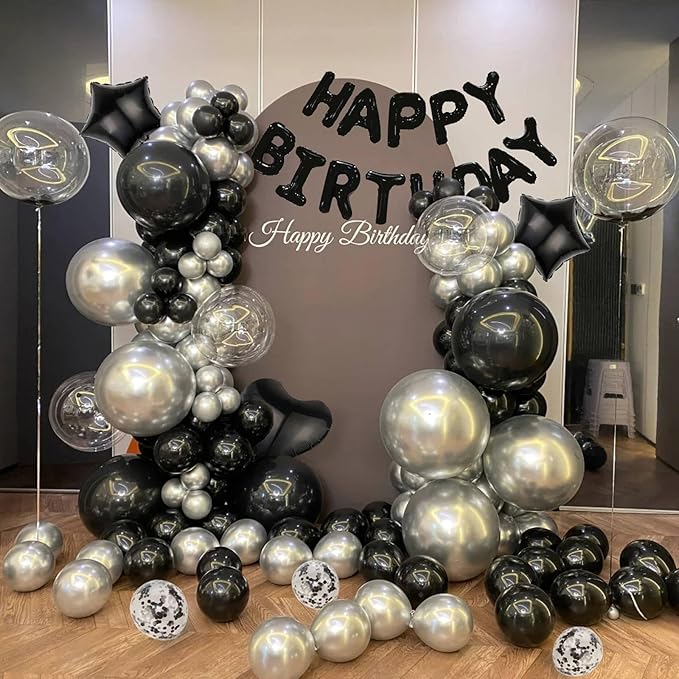 27 Pcs Black Birthday Decorations, 3D Foil Black Happy Birthday Balloon Banner, Pentagram Heart Foil Balloons Confetti Balloons Kit For Boys Girls Birthday Party Supplies