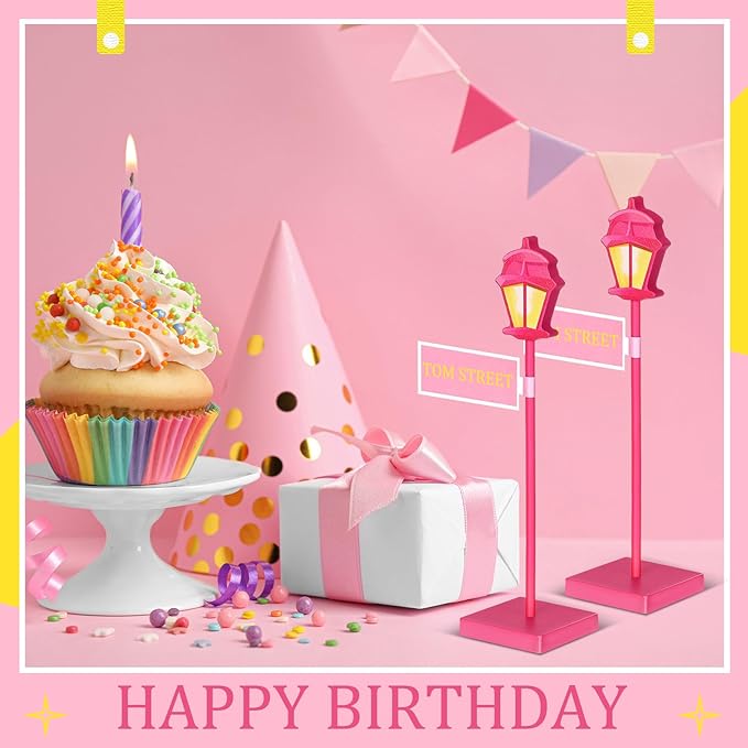 6 Pcs Street Sign Lamp Post Centerpiece Wooden Lamp Post with Street Party Sign Sticker for Toy Decor Friend Birthday Party Supplies Decoration(Pink)