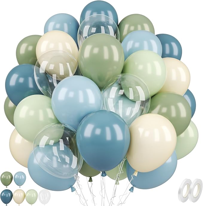 Sage Green and Blue Balloons, 50 Pcs 12 Inch Olive Green Dusty Blue Haze Beige White Transparent Party Balloons for Kids Baby Boy Shower Rabbit Boho Bridal Shower Wedding Birthday Party Decorations