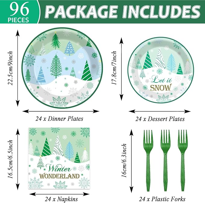 96Pcs Christmas Winter Forest Party Supplies Winter Wonderland Paper Plates and Napkins Snowflake Tree Disposable Party Tableware Set Xmas Dinnerware for Holiday Dessert Birthday Decoration Serve 24