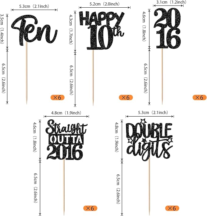 30PCS Black 10th Birthday Cupcake Toppers Glitter Ten Happy 10 Straight Outta 2016 Cupcake Picks for Cheers to 10 Years 10th Birthday Wedding Anniversary Party Cake Decorations Supplies