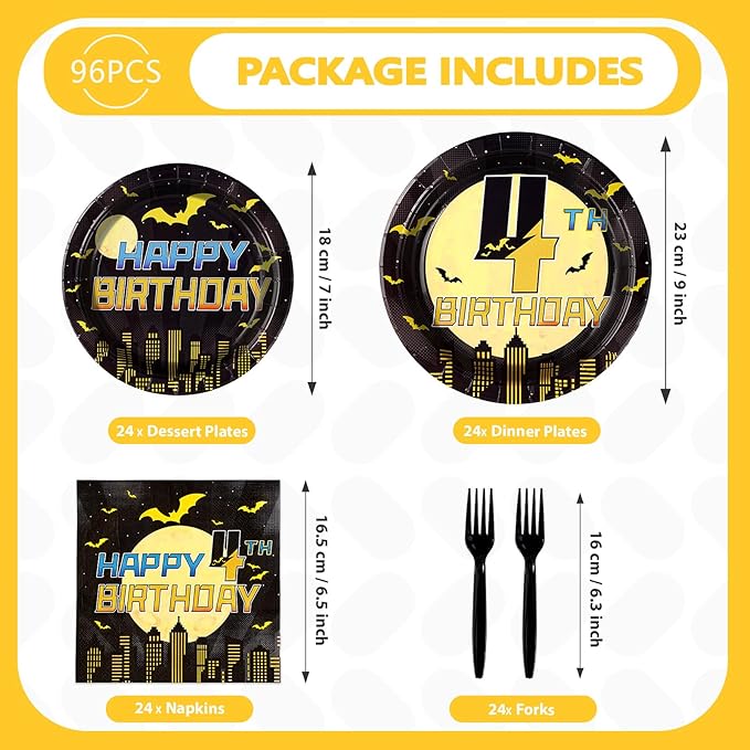 96Pcs Bat 4th Birthday Party Decorations Black Yellow Cartoon Bat Hero Paper Plates and Napkins Set Bats Fourth Birthday Decoration for Boys 4 Years Old Super Theme Hero Bats Party Supplies Serves 24