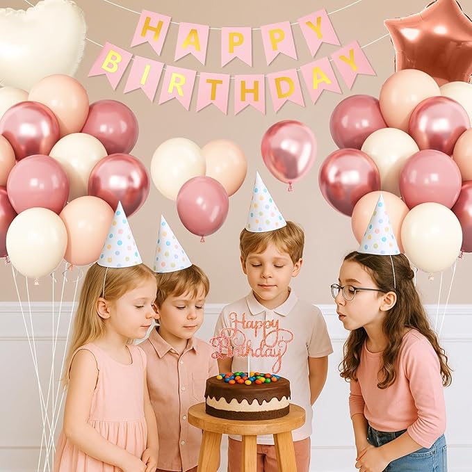 Dusty Pink Birthday Decorations,Rose Gold Sand Boho Balloons Decor Happy Birthday Banner Cake Topper Star Heart Foil Balloon for Women Girl Baby Shower