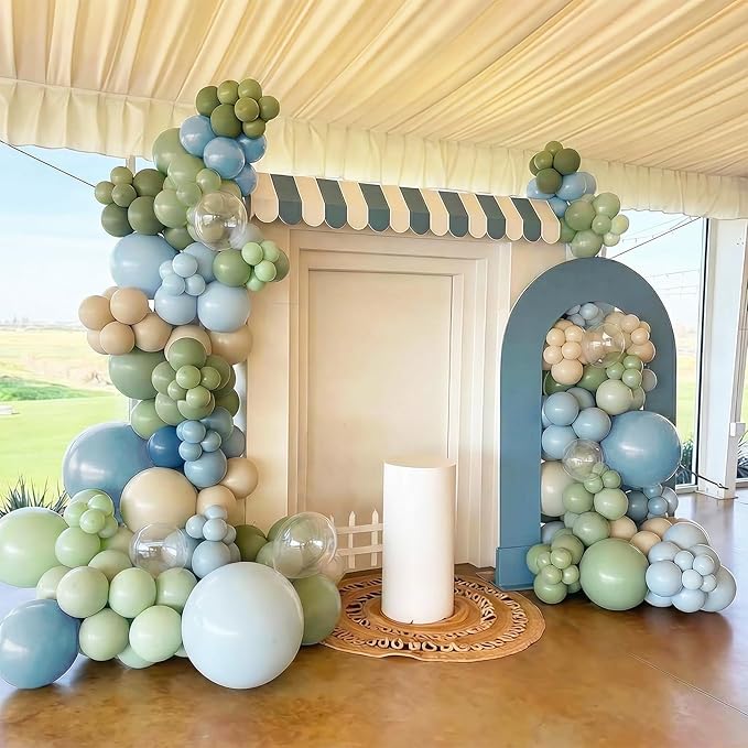 Sage Green and Blue Balloons, 50 Pcs 12 Inch Olive Green Dusty Blue Haze Beige White Transparent Party Balloons for Kids Baby Boy Shower Rabbit Boho Bridal Shower Wedding Birthday Party Decorations
