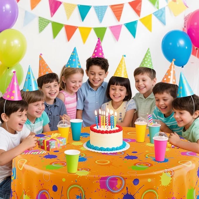 Oudain 6 Pcs Neon Party Table Cloths for Parties 84" Round Disposable Plastic Table Covers for Birthday Baby Shower 80s 90s Party Supplies Decor (Colorful)