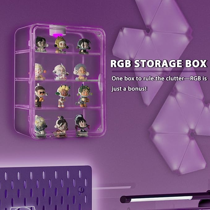 Clear Acrylic Display Case, Figures Display Box Wall Mounted with Lights for Pop Mart Funko Collectibles LEGO Minifigures Mini Action Figurines Mini Toys Pop, 4 Tiers Detachable Desktop Dustproof