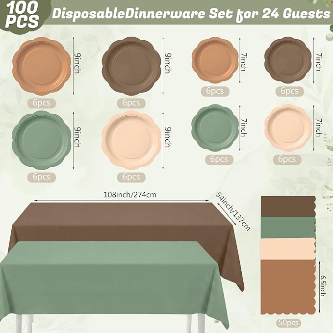 LemonRoad 100 Pcs Woodland Baby Shower Decorations, Sage Green Brown Forest Paper Plates Napkins Plastic Tablecloth Set for 24, Forest Animal 7" & 9" Scalloped Plates for Safari Jungle Party Supplies