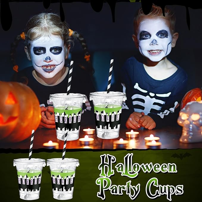 Domensi 50 Pcs Halloween Black and White Juice Classic Horror Party Plastic Cup 12 oz Scary Disposable Plastic Cups with Lids and Straws Thick Clear Horror Movie Party Table Decoration Supplies