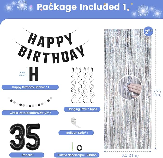 35th Birthday Decorations for Men Women- Black Silver Happy 35th Birthday Party Decor With Banner Backdrop,Number 35 Foil Balloon -Black White Balloons Garland Arch Kit for 35 Years Old