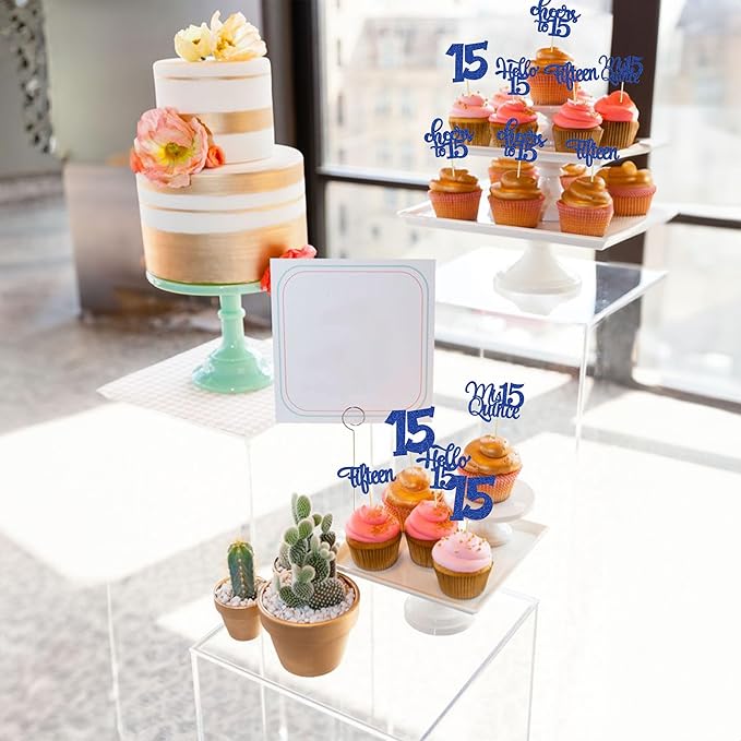 30Pcs 15th Birthday Cupcake Toppers Fifteen Cupcake Picks Cheers to 15 Years Old Mis Quince 15 Cake Decorations for 15th Birthday Anniversary Party Deep Blue Glitter