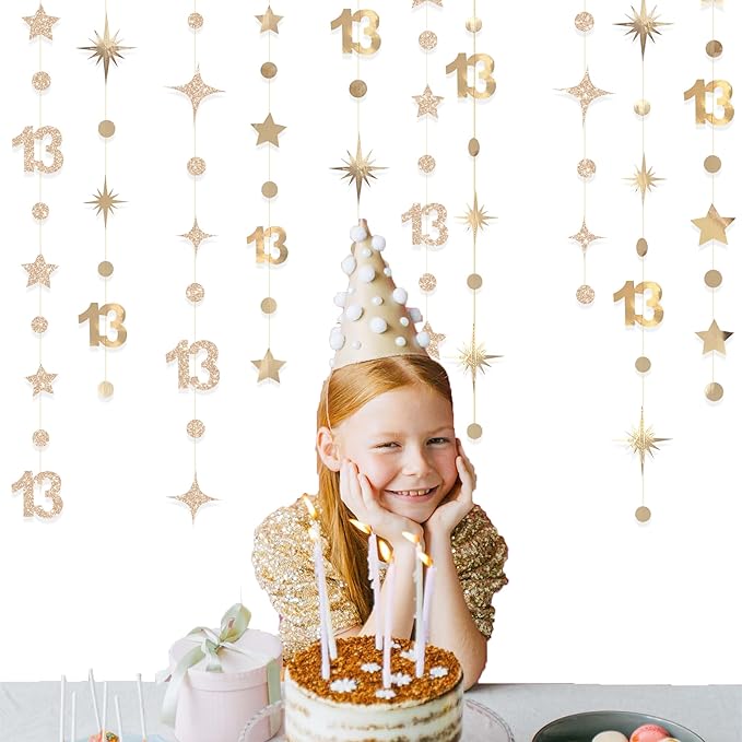 Champagne Gold 13th Birthday Decorations Number 13 Circle Dot Twinkle Star Garland Glitter Streamer Banner Backdrop Girls Boys Cheers to 13 Years Old Birthday Official Teenager Party Supplies