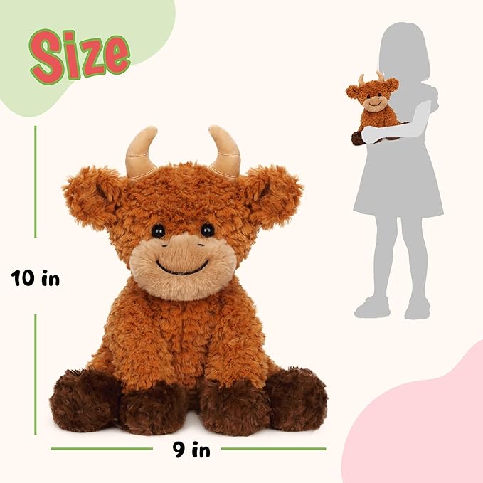 Hopearl Adorable Plush Highland Cow Toy Floppy Soft Stuffed Animal Cute Birthday Gifts for Boys Girls Kids Toddlers, Brown, 10''