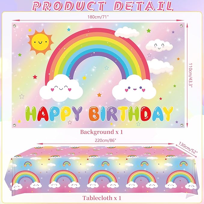 Rainbow Birthday Party Decorations - Rainbow Party Supplies including Backdrop, Plate, Cake Topper, Cup, Napkin, Balloon, Tablecloth - Serves 20